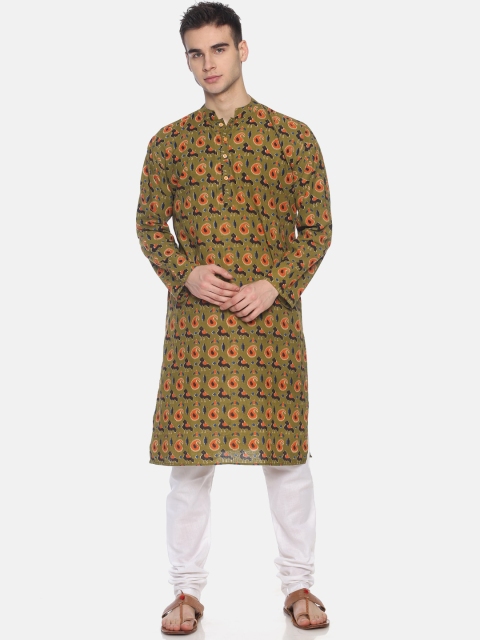 PAROKSH Men Olive Green Printed Kurta