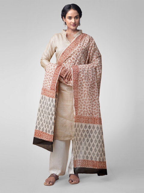 Unnati Silks Cream-Coloured & Red Printed Dupatta