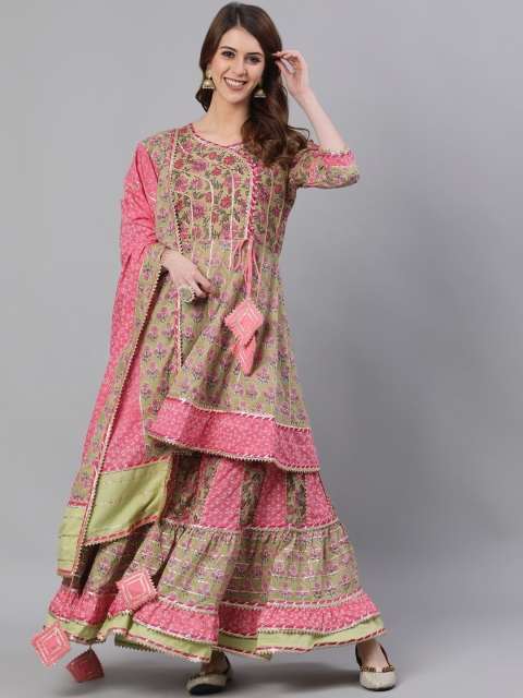 Ishin DESIGNER STUDIO Women Green & Pink Floral Angrakha Kurta with Sharara With Dupatta