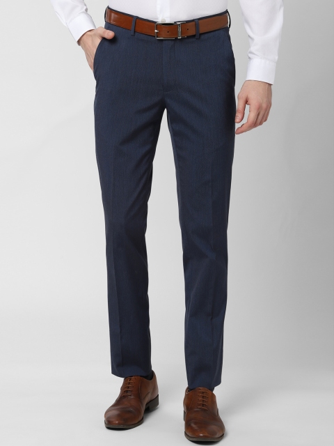 Peter England Men Navy Blue Slim Fit Self Design Formal Trousers