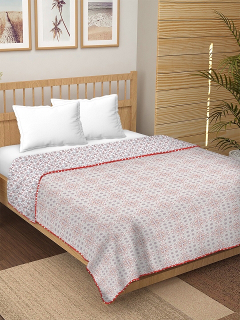 BELLA CASA Grey Floral Cotton Dohar Bedsheet, White
