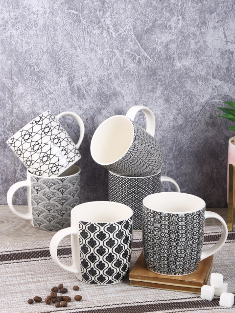 House Of Accessories Set Of 6 Black & White Printed Ceramic Mugs