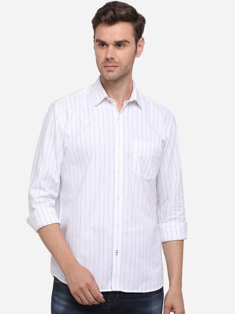 Greenfibre Men White Slim Fit Striped Pure Cotton Casual Shirt