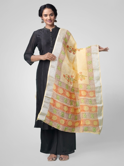 Unnati Silks Cream-Coloured & Orange Printed Dupatta