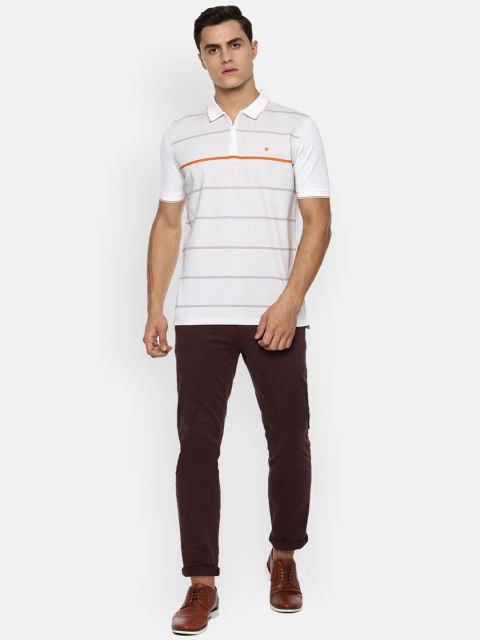 Louis Philippe Men White & Grey Striped Polo Collar T-shirt