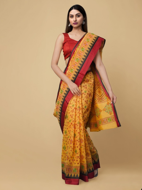 Unnati Silks Yellow & Red Silk Cotton Printed Baluchari Saree