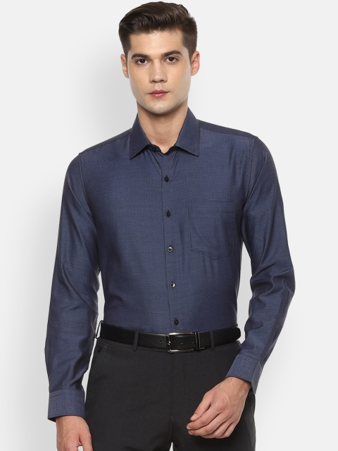 Van Heusen Men Navy Blue Self Design Slim Fit Pure Cotton Formal Shirt