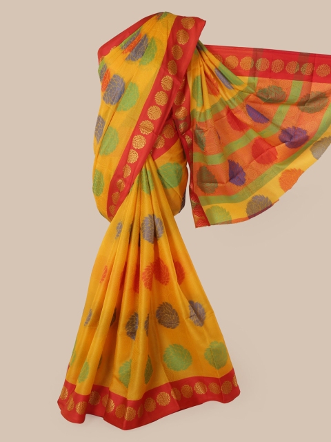 Pothys Yellow & Red Cotton Blend Woven Design Chanderi Saree