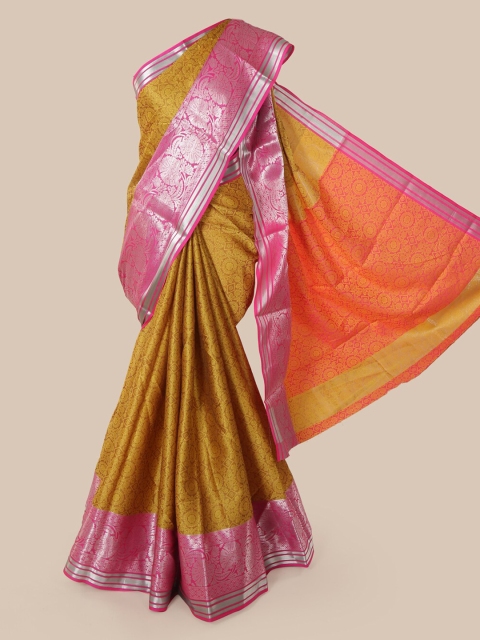 Pothys Mustard & Pink Cotton Blend Printed Chanderi Saree
