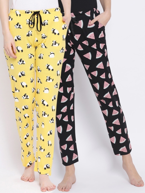 Kanvin Women Pack Of 2 Printed Pure Cotton Lounge Pants, Black