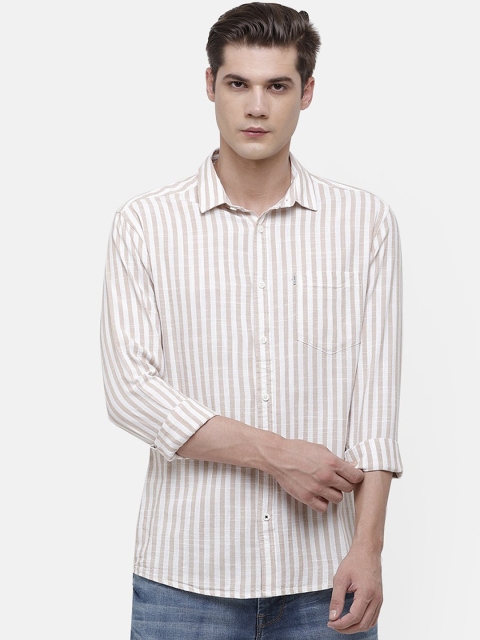 Voi Jeans Men Beige & White Slim Fit Striped Casual Shirt