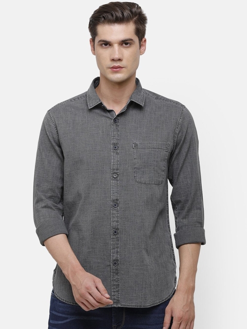 Voi Jeans Men Grey Slim Fit Solid Cotton Casual Shirt
