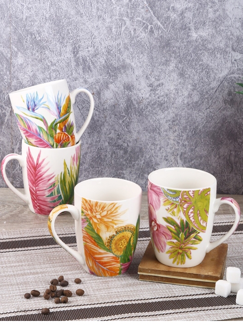 House Of Accessories Set Of 4 White & Pink Printed Ceramic Mug