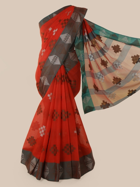 Pothys Red Cotton Blend Printed Chanderi Saree
