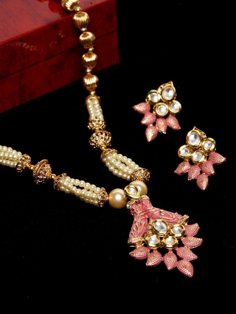PANASH Gold-Plated Pink & White Kundan-Studded & Beaded Enamelled Jewellery Set
