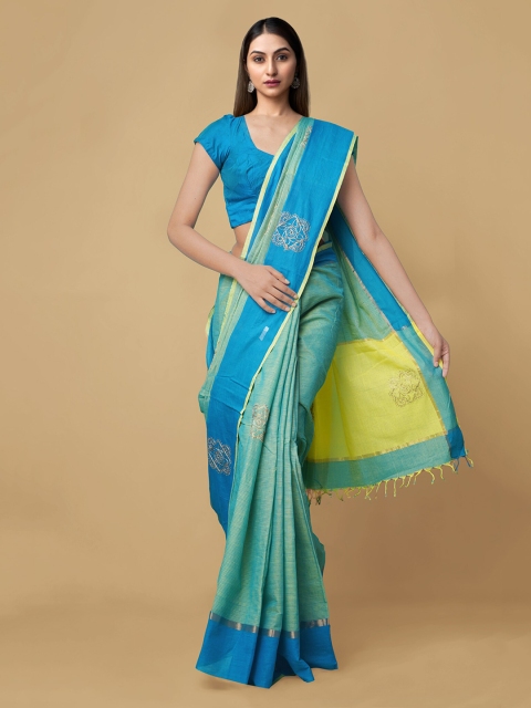 Unnati Silks Blue & Yellow Pure Cotton Embroidered Mangalagiri Saree