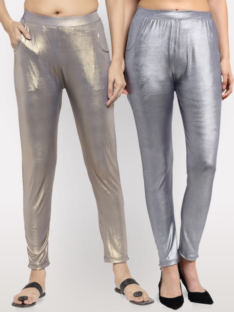 NEUDIS Women Pack of 2 Brown & Silver-Toned Shimmer Cotton Ankle Length Leggings