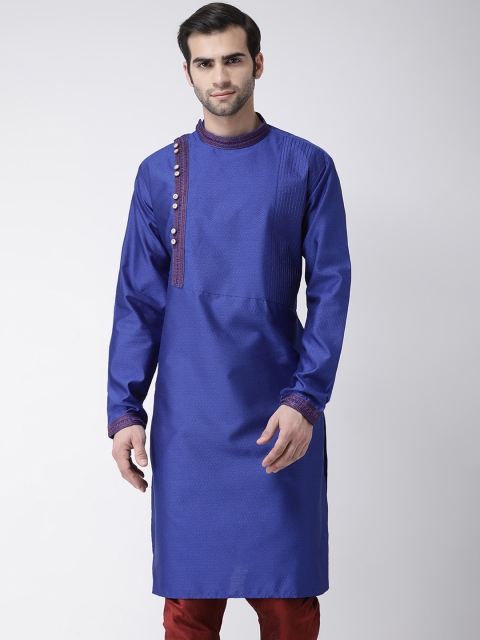 SG LEMAN Men Blue & Maroon Angrakha Raw Silk Kurta & Churidar