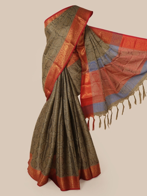 Pothys Brown Cotton Blend Printed Chanderi Saree
