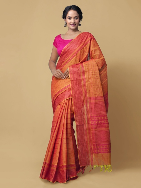 Unnati Silks Orange & Pink Pure Cotton Printed Mysore Silk Saree