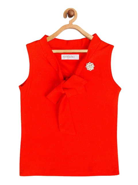 Tiny Girl Girls Red Tie-Up Neck Georgette Regular Top