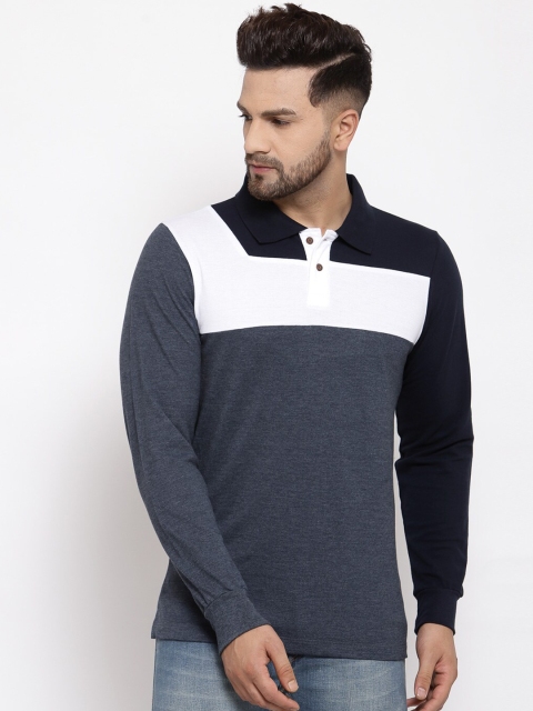Kalt Men Navy & White Colourblocked Polo Collar T-shirt, Navy blue