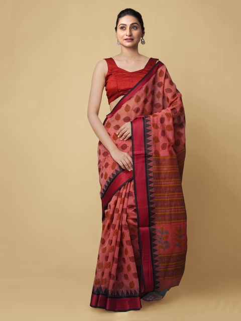 Unnati Silks Red Silk Cotton Printed Baluchari Saree