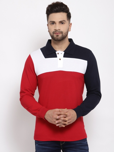 Kalt Men Red & White Colourblocked Polo Collar T-shirt