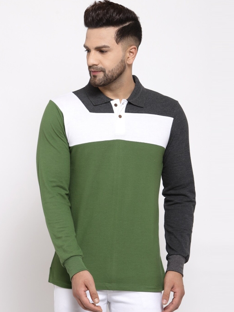 Kalt Men Olive Green & White Colourblocked Polo Collar T-shirt