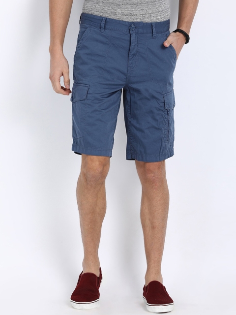 t-base Men Blue Solid Regular Fit Pure Cotton Cargo Shorts