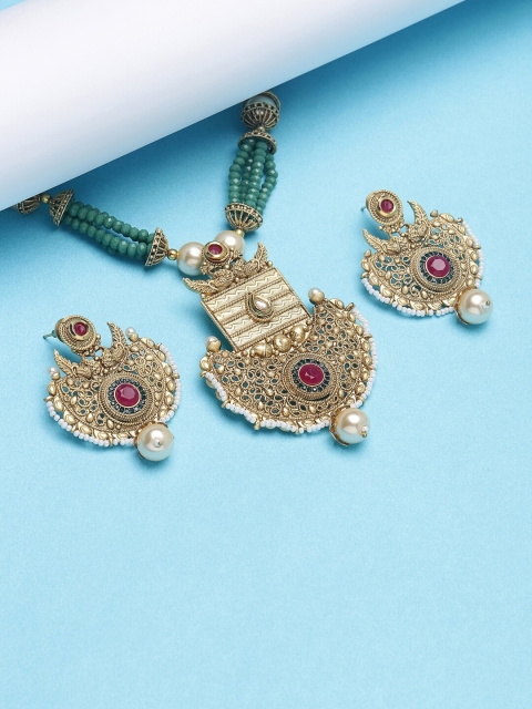 PANASH Gold-Plated Maroon & Teal Blue Kundan-Studded Beaded Handcrafted Jewellery Set
PANASH Gold-Plated Maroon & Teal Blue Kundan-Studded Beaded Handcrafted Jewellery Set