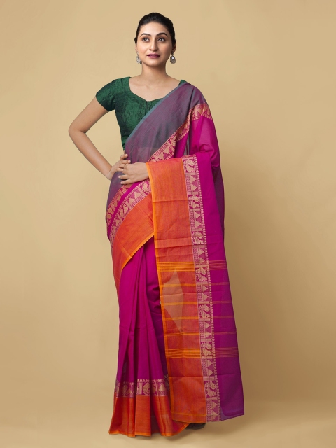 Unnati Silks Pink Pure Cotton Solid Handloom Uppada Saree