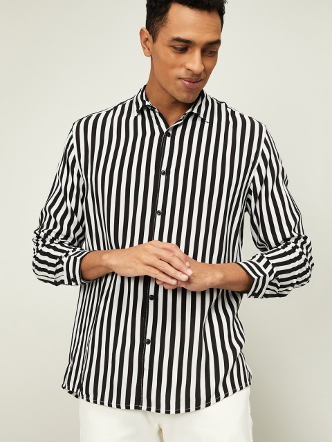 Forca Men Black & White Slim Fit Striped Casual Shirt