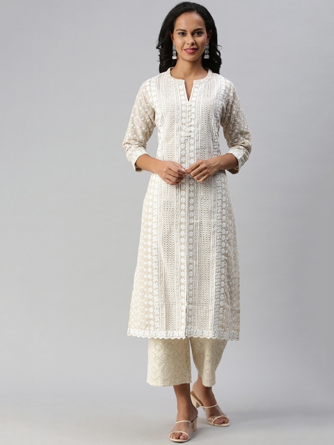 Soch Women Beige Pure Cotton Embroidered Kurta