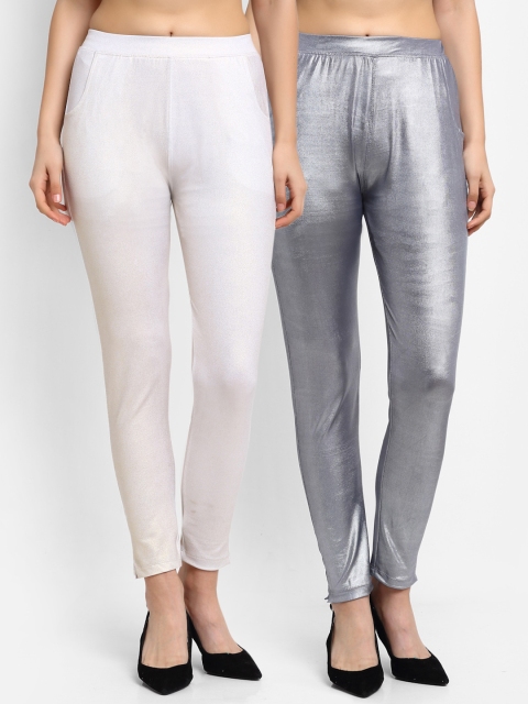 NEUDIS Women Pack Of 2 Solid Ankle-Length Leggings, Silver