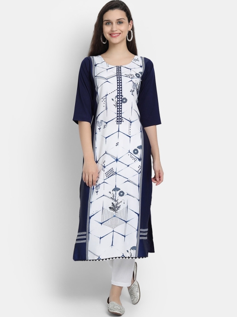 Ethnic basket Women White & Blue Printed Straight Kurta
