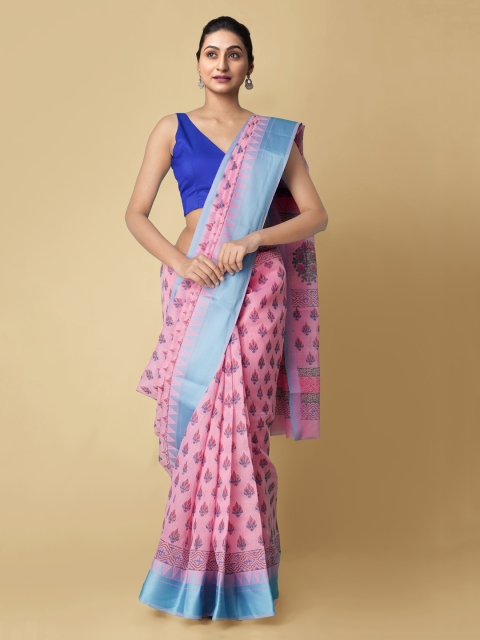 Unnati Silks Pink Silk Cotton Printed Chanderi Saree