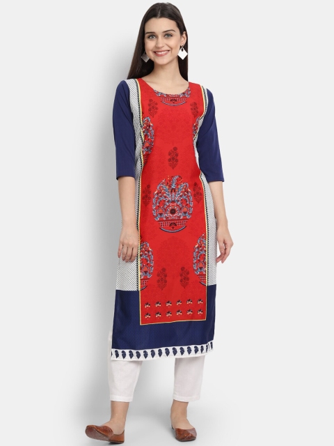 Ethnic basket Women Navy Blue & Red Ethnic Motifs Printed Crepe Kurta