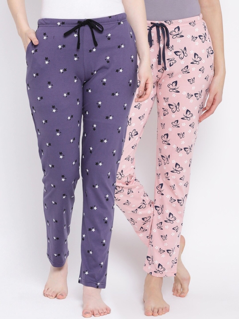 Kanvin Women Pack Of 2 Printed Cotton Lounge Pants, Pink