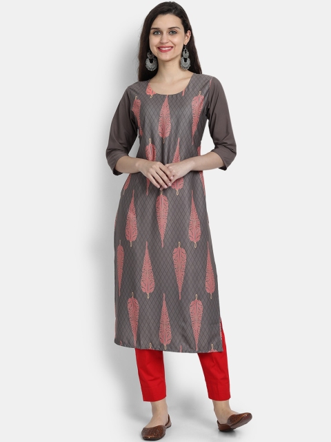 Ethnic basket Women Grey & Orange Ethnic Motifs Printed Crepe Kurta