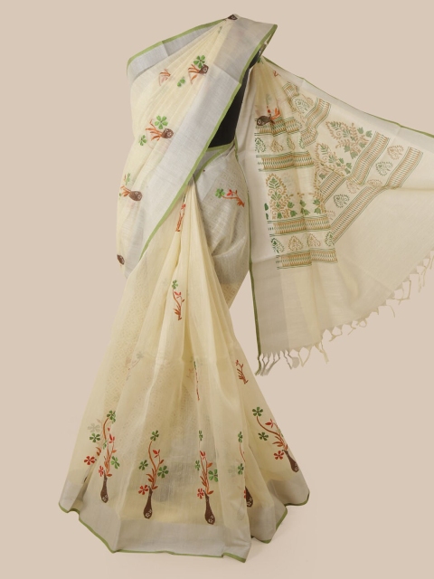 Pothys Cream-Coloured Cotton Blend Embroidered Chanderi Saree