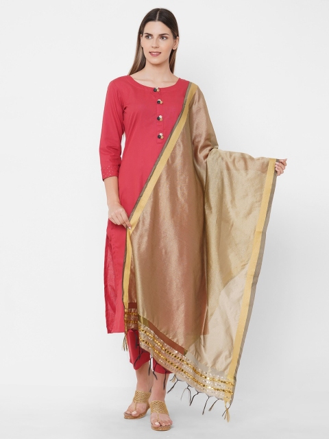 Get Wrapped polyester Gold Border Beige Dupatta with Embroidery