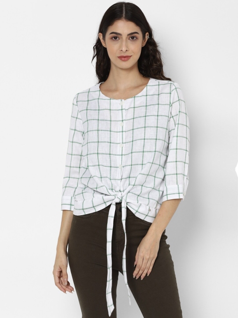 Allen Solly Woman White & Green Checked Waist Tie Regular Top