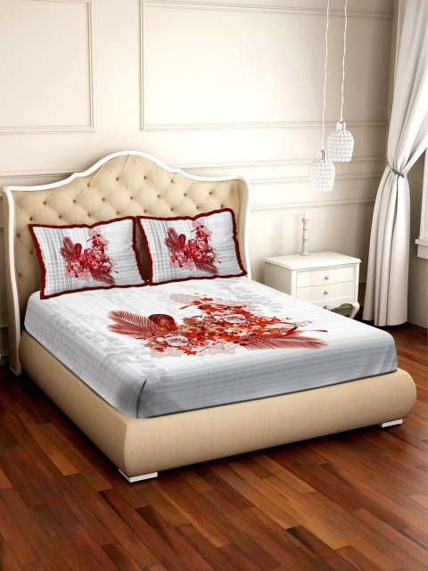 BELLA CASA Grey & Red Floral 300 TC Cotton 1 King Bedsheet with 2 Pillow Covers