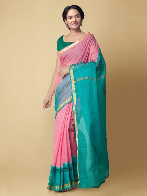 Unnati Silks Pink & Green Pure Cotton Woven Design Kota Saree