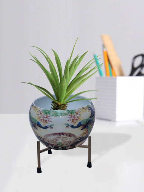 nestroots White & Green Hand-Painted Ceramic Decorated Planter With Stand