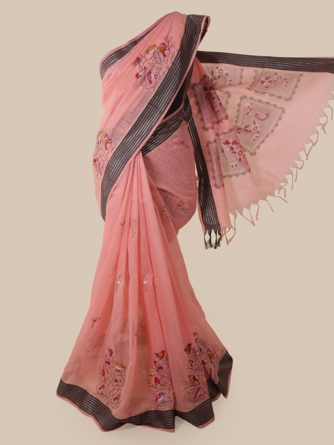 Pothys Peach-Coloured Cotton Blend Embroidered Chanderi Saree