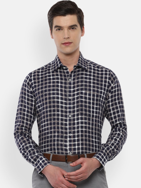 Van Heusen Men Navy Blue & White Checked Pure Linen Regular Fit Formal Shirt