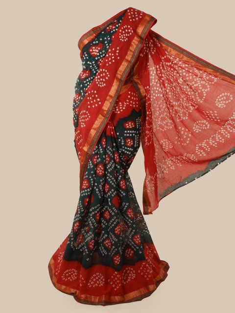 Pothys Green & Red Cotton Blend Bandhani Printed Saree