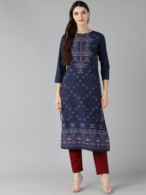 AHIKA Women Navy Blue Geometric Printed Keyhole Neck Flared Sleeves Thread Work Kurta
AHIKA Women Navy Blue Geometric Printed Keyhole Neck Flared Sleeves Thread Work Kurta